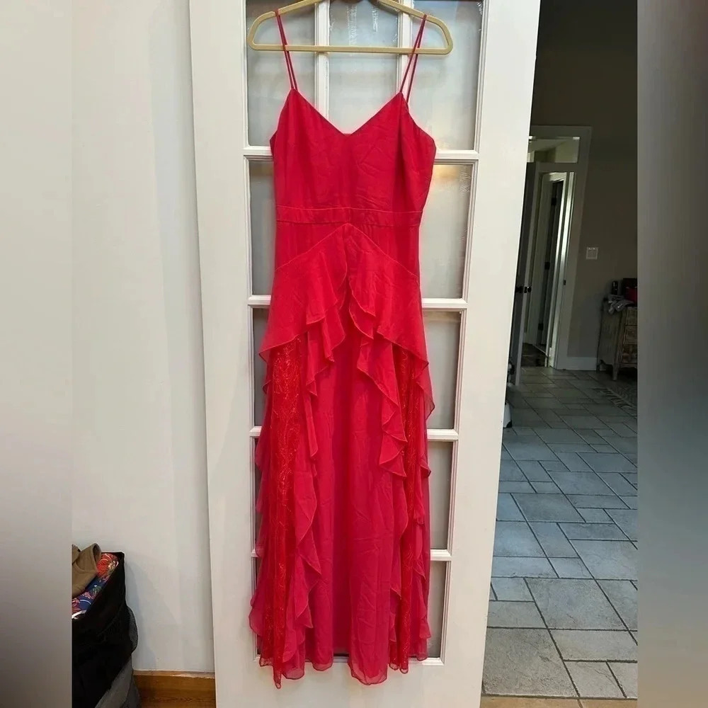 Badgley Mischka Floor Length Couture Sweetheart Ruffle Pink Formal Gown Size 14